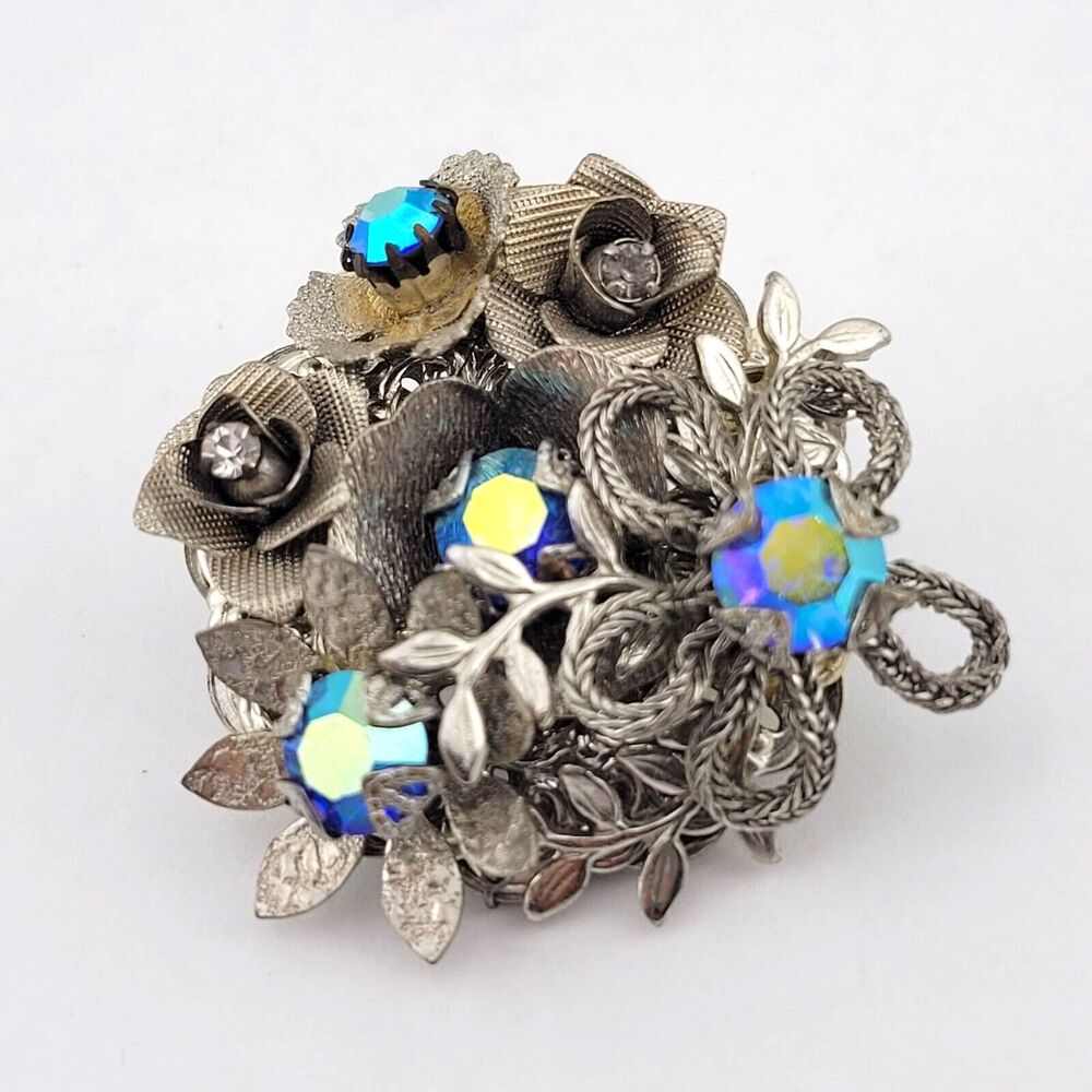 Vintage Blue AB Crystal Rhinestone Openwork Silver Tone Flower Bouquet Brooch